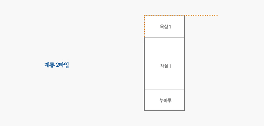 계룡2호 평명도이미지로 객실 한개를 중심으로 욕실과 누마루가 양 옆으로 있습니다.