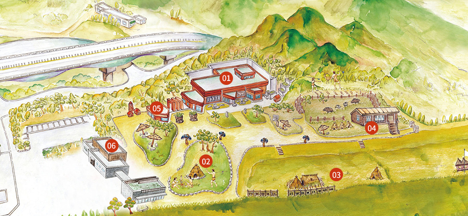 박물관전시안내 이미지로 시계방향으로 설명합니다. 12시방향에 01.전시관, 04.체험학습관 03.석장리구석기유적지 02.선사공원 05.파른 손보기 기념관