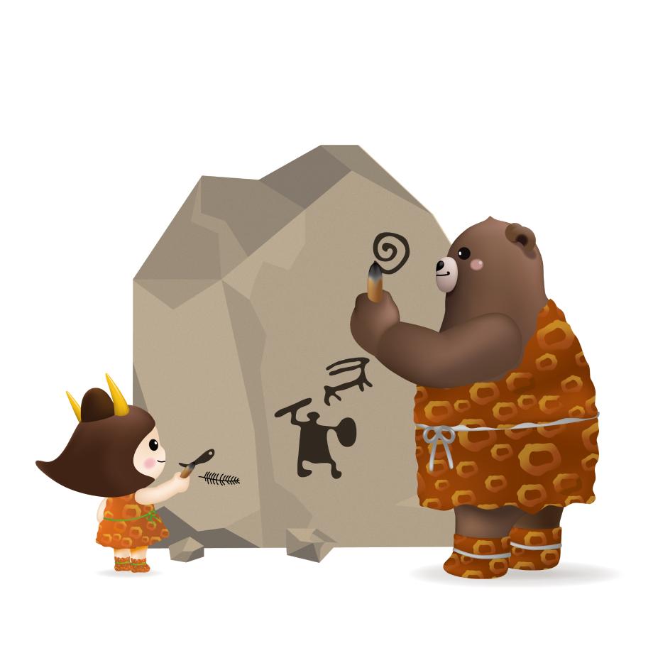 구석기 벽화 그리는 고마곰과 공주 이미지