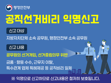 공직선거비리 익명신고
신고 대상
지방자치단체 소속 공무원, 행정안전부 소속 공무원
신고 내용
공무원의 선거개입, 선거중립의무 위반
금품 · 향응 수수, 근무지 이탈,
특수관계 업체 특혜제공 등 공직비리 일체
※ 익명으로 신고하므로 신고내용은 철저히 보호됩니다.